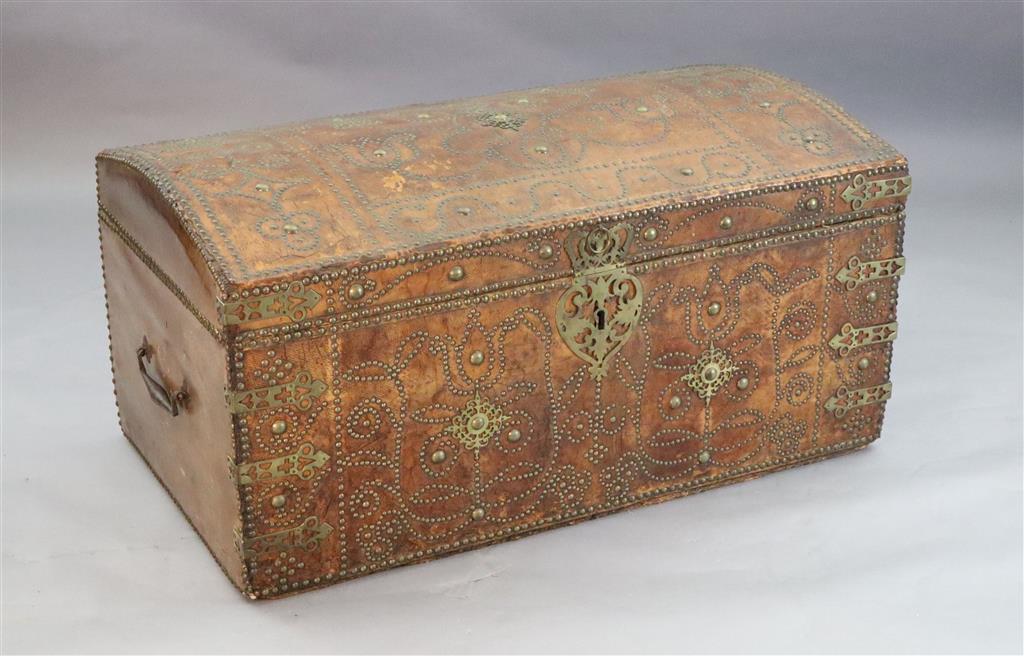 A 17th century Russian leather travelling trunk, W.3ft 10in. D.2ft 1in. H.1ft 11in.